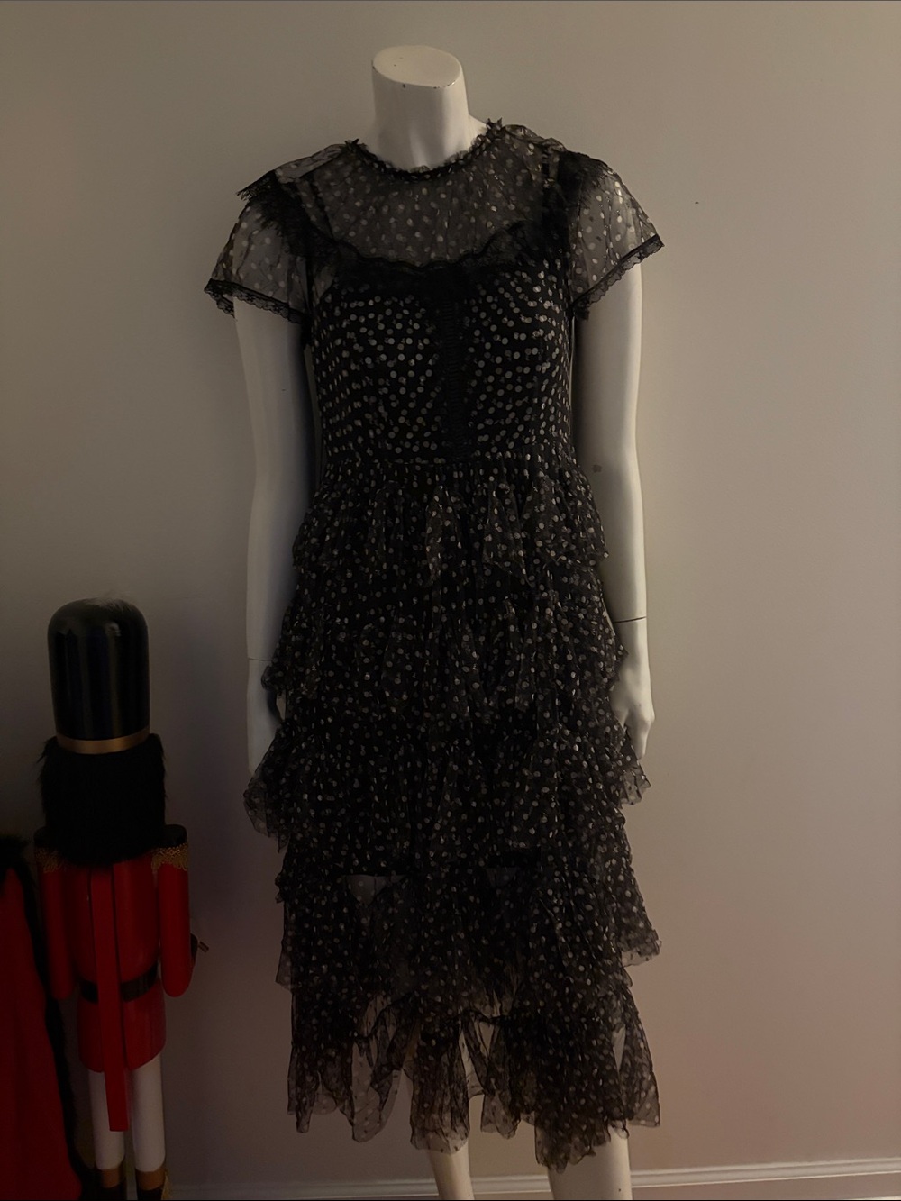 Black Polka Dot Tiered Mesh Midi Dress. Maxrieny